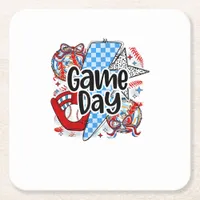 Baseball Game Day Retro Tis The Season Checkered Square Paper Coaster