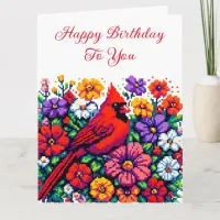 Red Cardinal and Flowers Personalized Birthday Card