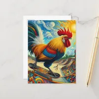 Surreal Skateboarding Rooster Postcard