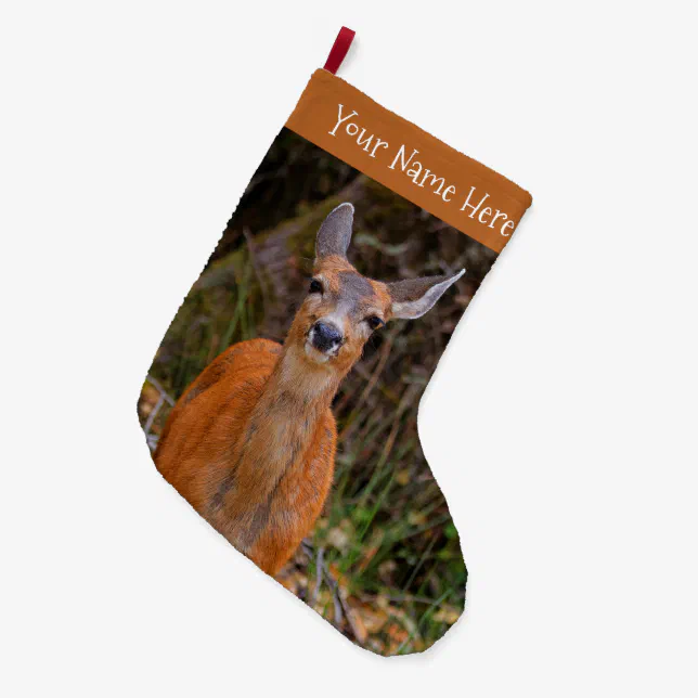 Funny Young Blacktail Deer Smiles at Photographer Large Christmas Stocking