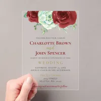 watercolor succulent burgundy gold floral wedding acrylic invitations