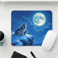 Wolf and Baby Cub Howling at Full Moon Mouse Pad