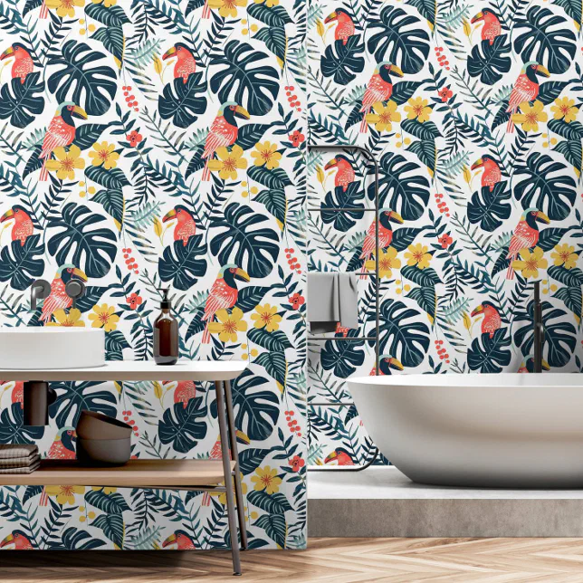 Tropical Leaves Pattern Hornbill & Rainforest Wallpaper