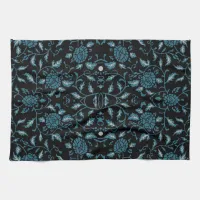 Elegant Flowery Black and Teal Damask Kitchen Towel