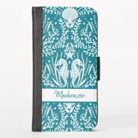 Teal Blue White Seahorse Damask Personalized iPhone X Wallet Case