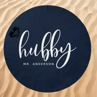 Hubby Navy And White Groom Name Beach Towel