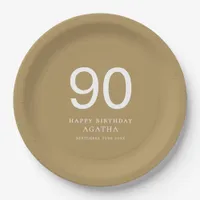 Simple White Text 90th Name Gold Birthday Party Paper Plates