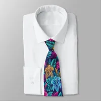 Vibrant Neon Floral Patterns Illuminate Night  Neck Tie