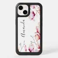 Pink magnolia flowers on white name OtterBox iPhone 14 case