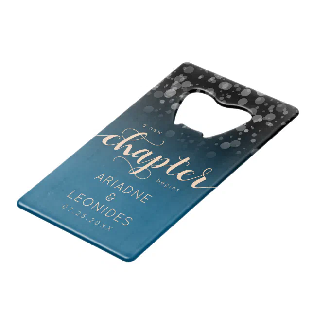 Elegant Peach Oceanic Blue Wedding A New Chapter Credit Card Bottle Opener