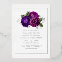 Purple, Violet, Plum and Silver Floral Wedding Foil Invitation