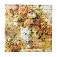 Renoir Roses and Vintage Handwritten Words Collage Ceramic Tile