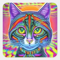 Crazy Cool Eyed Mystical Colorful Cat  Square Sticker