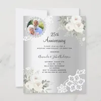 Silver florals photo 25th wedding invitation