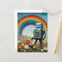 Robot in a Flower Meadow with a Rainbow Postcard