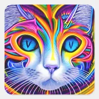 AI Generated Artsy Cool Blue Eyed Abstract Cat Square Sticker