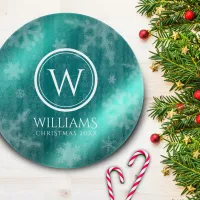 Festive Light Blue Foil Snowflakes Monogram Name Cutting Board