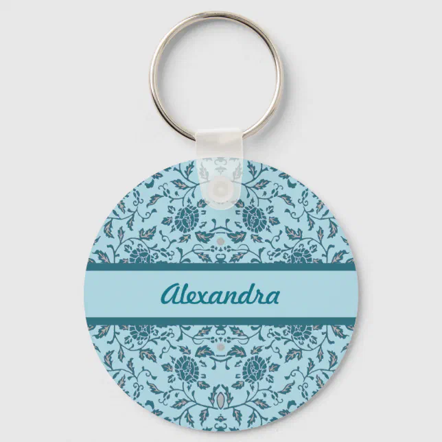 Elegant Flowery Teal Damask Keychain