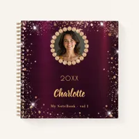 Burgundy photo diamonds rose gold glitter notebook