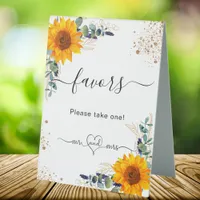 Eucalyptus sunflowers wedding favors guests table tent sign