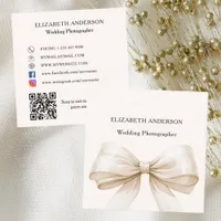 Beige cream bow QR code social media Square Business Card