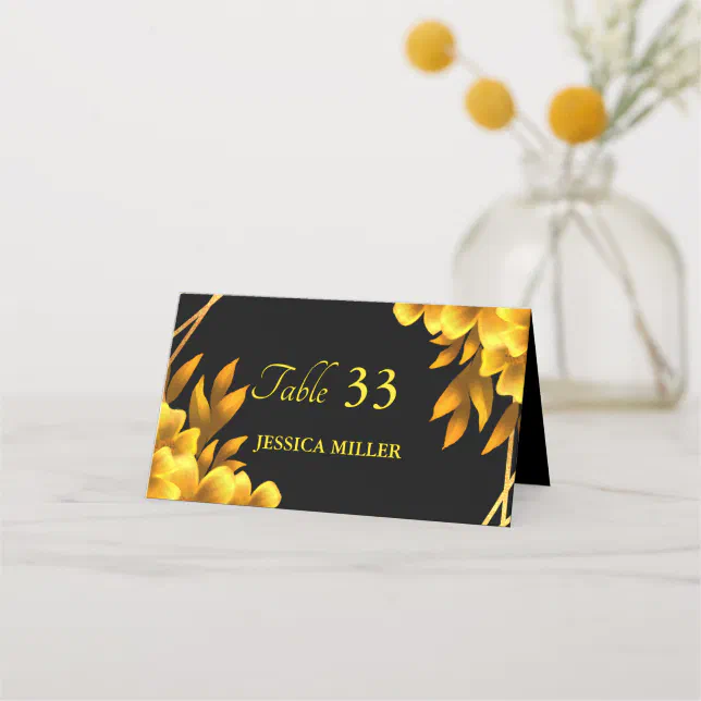 Autumn romance faux gold & blackfloral geometric place card