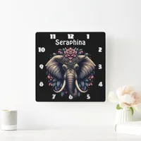 Elephant with vibrant floral patterns square wall clock