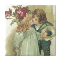 Vintage Children Kiss A Birthday Greeting Tile