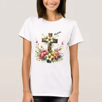 Christian Cross Framed by Colorful Floral Halo T-Shirt