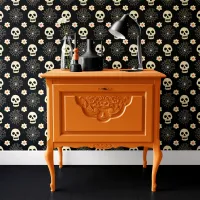 Black Skull and Spider Web Floral Halloween Wallpaper