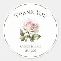 Elegant Pink Garden Rose Flower Wedding Thank You Classic Round Sticker