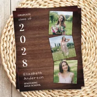 Rustic Wood 3 Photo Budget Graduation Party Invite