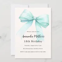 Teal green bow cream elegant birthday invitation