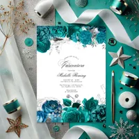 Elegant Teal and Silver Floral Quinceañera Photo Invitation