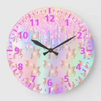 Unicorn glitter drips pink purple rainbow large clock