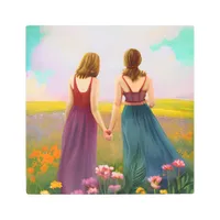 Beautiful Lesbian Couple in Field of Flowers Metal Print