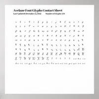 Avelane Font Glyphs Contact Sheet Poster