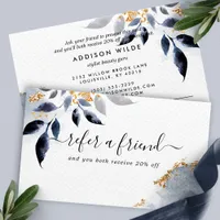 Navy Gold Glitter Botanical Leaves Modern Referral Card