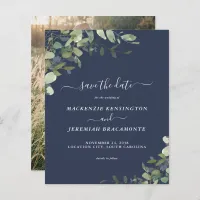 Budget Navy Blue Eucalyptus Photo Save the Date