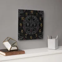 Goth Gray Ornament with Skull  Square Wall Clock