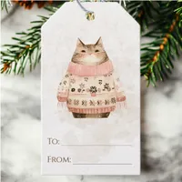 Cat in Sweater Scandinavian Watercolor Christmas Gift Tags