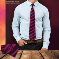  Modern Purple Pink Black Stripe Monogram Neck Tie