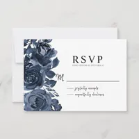 Modern Dark Blue Ink Floral Bouquet RSVP