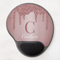 Girly Pink Sparkle Glitter Drips Monogram Gel Mouse Pad