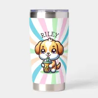 Cute Kawaii Puppy Dog with Bubble Tea Personalized Insulated Tumbler