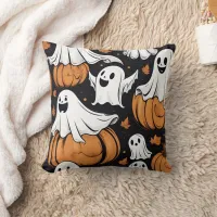 Whimsical ghosts playing among Halloween pumpkins Throw Pillow