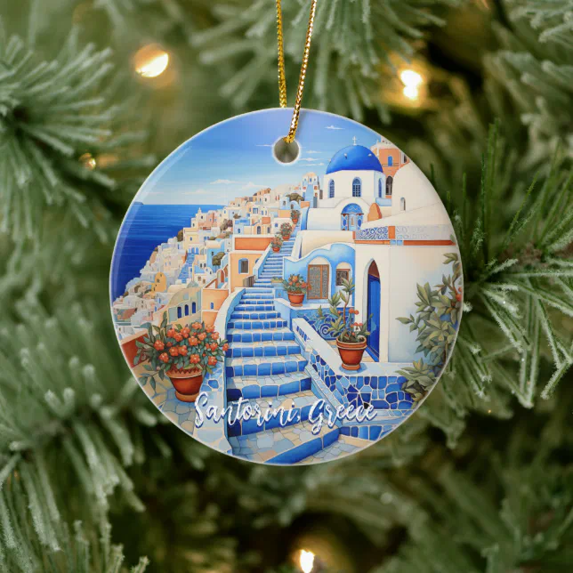 Santorini Island Illustration | Travel Art Ceramic Ornament