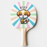 Cute Kawaii Puppy Dog with Bubble Tea Personalized Ping Pong Paddle