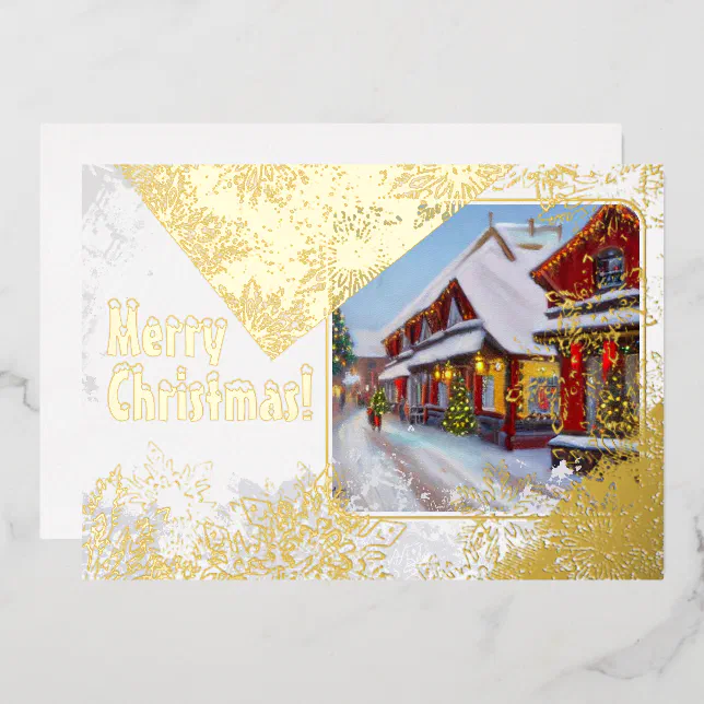 Snowy City street at Christmas Foil Invitation