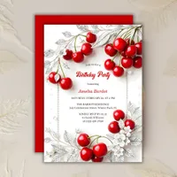 Elegant Silver Floral Red Cherry Birthday Party Invitation